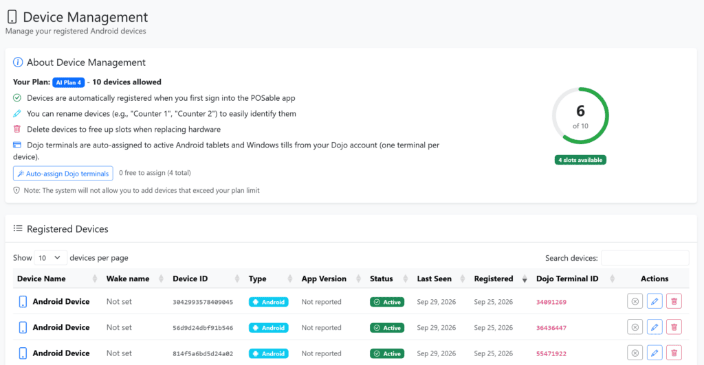 Device Management dashboard: plan info (AI Plan 4, 10 devices allowed) and a large table of Registered Devices with columns like Device Name, Wake name, Device ID, Type, App Version, and Status.