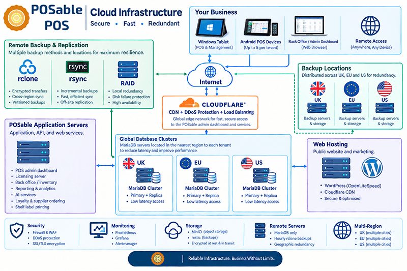 Diagram of POSable Cloud Infrastructure showing POS apps, backups, databases, hosting, and security components connected via Internet and Cloudflare, with UK/EU/US backup locations and multi-region hosting.