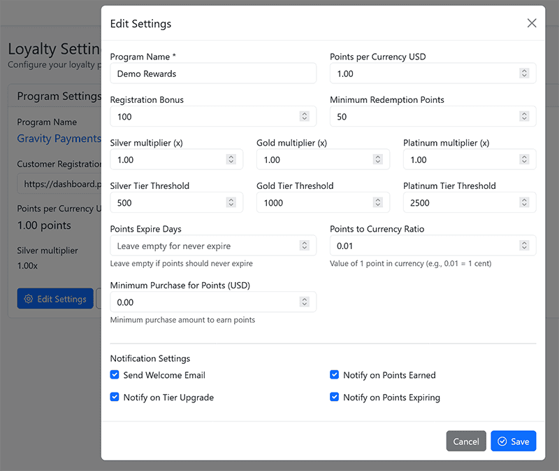 Modal titled Edit Settings with a form to configure a loyalty program: program name, points per currency, registration bonus, minimum redemption, tier thresholds and multipliers, expiry, and notification options.