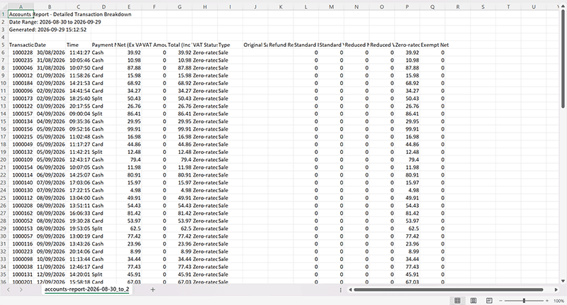 Spreadsheet labeled Accounts Report—Detailed Transaction Breakdown, listing many transactions with date, time, payment amount, and status columns for reconciliation.