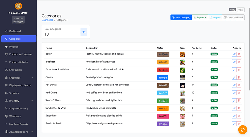 Screenshot of categories dashboard showing a list of categories with name, description, color, icon, product count, status, and action buttons.