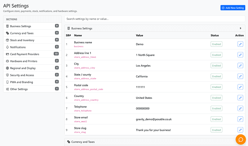 API Settings page showing left navigation (Business Settings, Currency and Taxes, etc.) and a right panel table with business details (name, address, city, state, postal code, country) and status'Enabled'. The rows include Demo as the business name, address, etc.