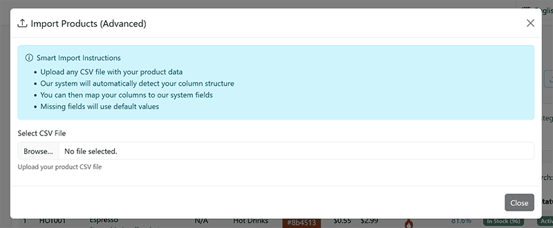 Dialog titled Import Products (Advanced) showing a blue'Smart Import Instructions' panel with steps about uploading a CSV, auto-detecting column structure, mapping columns, and using default values for missing fields.