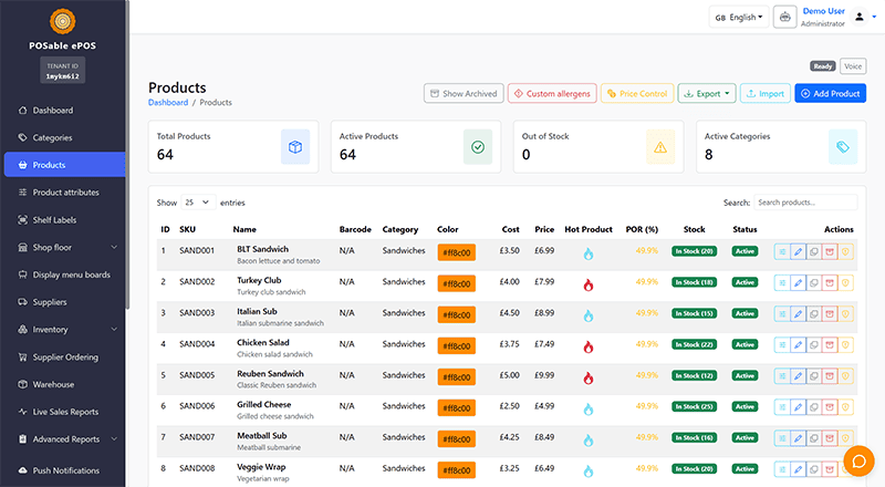 Admin dashboard for product management showing stats (64 total and active products, 0 out of stock, 8 active categories) and a product list table on the right side, with a vertical left navigation menu.