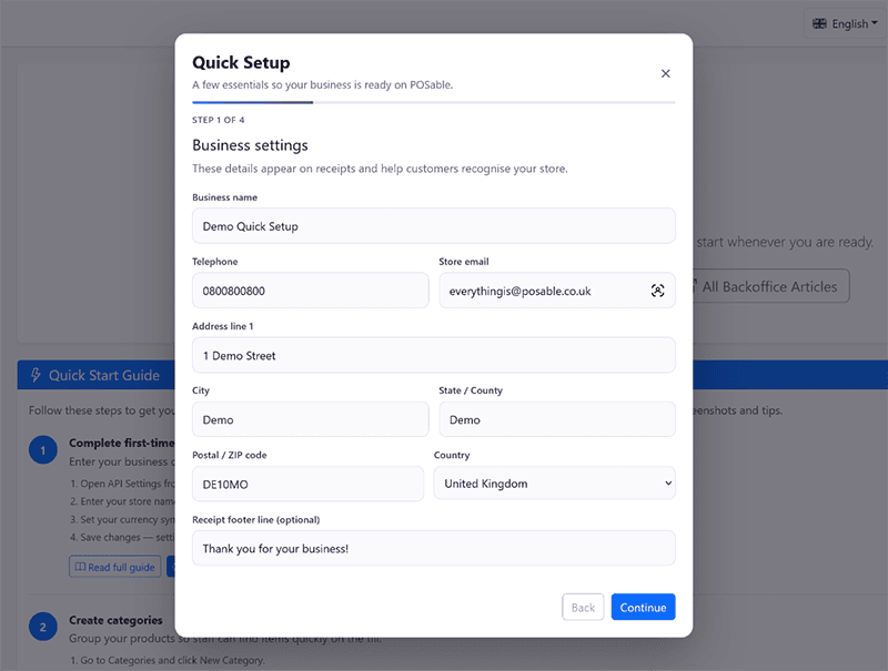 POSable Quick Setup an easy to use modal to get your business up and running.
