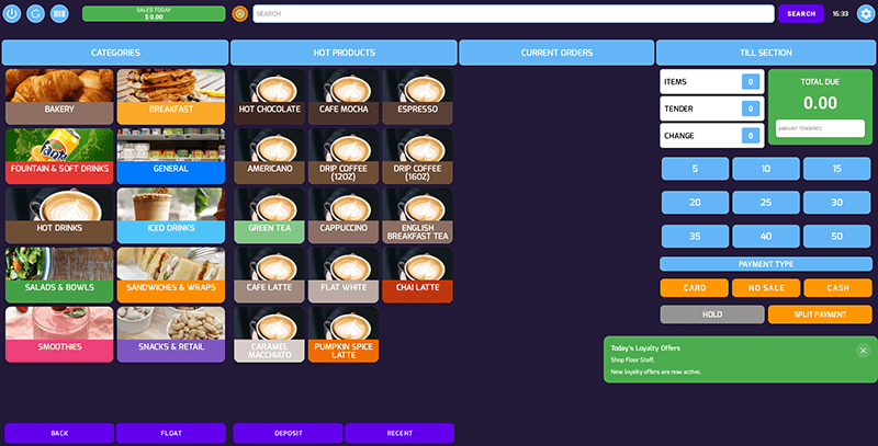 POS touchscreen with category tiles (Bakery, Breakfast, Hot Drinks, Salads & Bowls) and a right-side order summary.