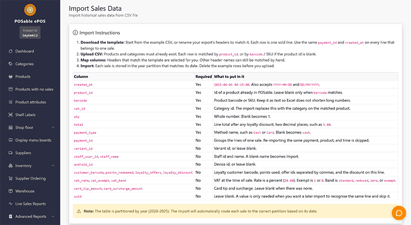 POSable POS Sales Import screen. Download the template or upload a CSV and match columns