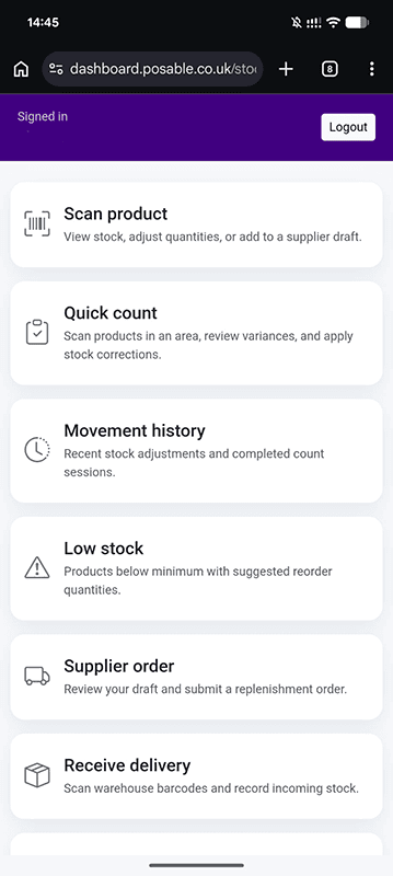 Mobile dashboard showing stock actions: Scan product, Quick count, Movement history, Low stock, Supplier order, Receive delivery