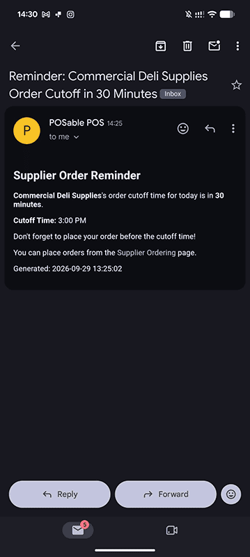 POSable POS Supplier Cut off time email alert