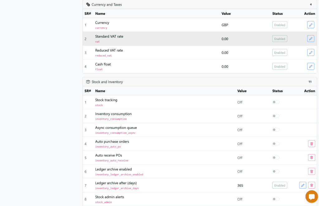 Dashboard screenshot showing'Currency and Taxes' and 'Stock and Inventory' sections with table rows for currency, VAT, cash float, and various inventory toggles and settings