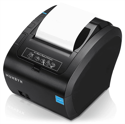 Compact Munbyn thermal printer with white label paper loaded, black curved body, front control panel visible