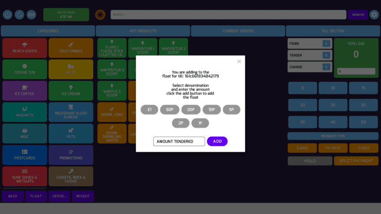POSable add to cash float functionality