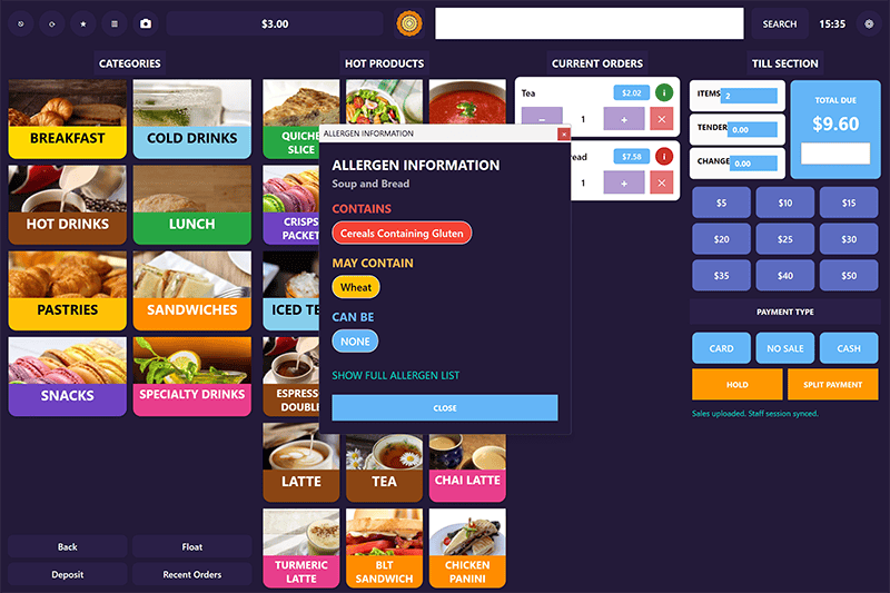 POSable POS App displaying allergens of the product being purchased