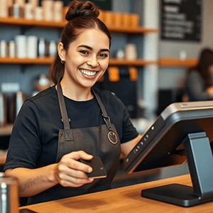 Smiling barista in a dark apron at a cafe counter, holding a credit card to take payment with POSable.
