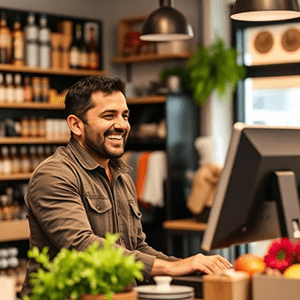 Shop clerk standing at a checkout counter. His internet has gone down but as POSable works instantly offline he has nothing to worry about.