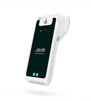 Portable white card reader with a dark screen showing a £30 payment, angled in mid-air as if in use for contactless payments