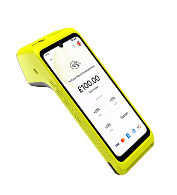 Yellow handheld payment terminal at an angle showing a £100.00 transaction on the screen