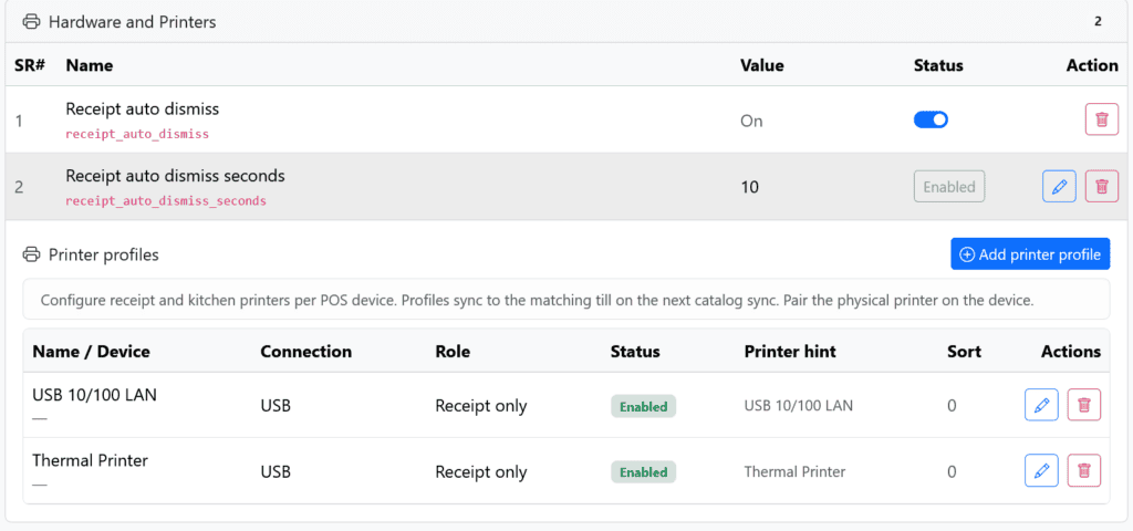 Hardware and Printers settings: receipt auto dismiss On and 10-second option; two active printers listed (USB 10/100 LAN and Thermal Printer) for receipts.