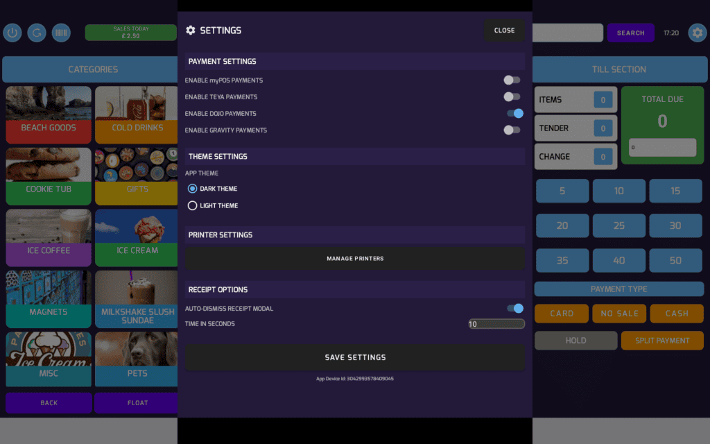 Settings screen with payment and theme options, toggle switches, and a Save Settings button