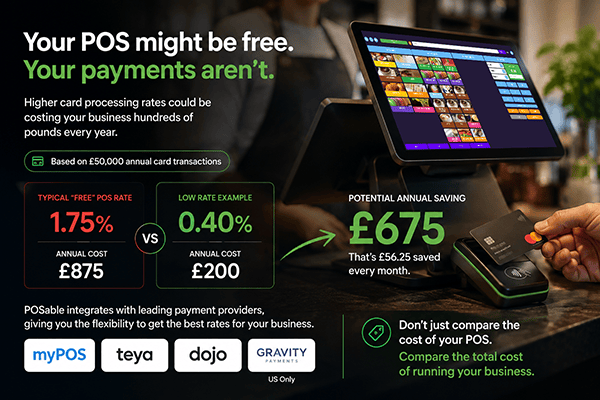 Infographic showing POS savings: headline 'Your POS might be free. Your payments aren’t.' with a tablet POS device on the right; compares typical free rate 1.75% (£875) vs low rate 0.40% (£200); potential annual saving £675; logos for myPOS, teya, dojo, Gravity Payments.
