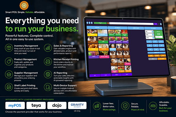 Promotional banner for POS software featuring a touchscreen monitor with a colorful, grid-based interface and feature icons on the left side.