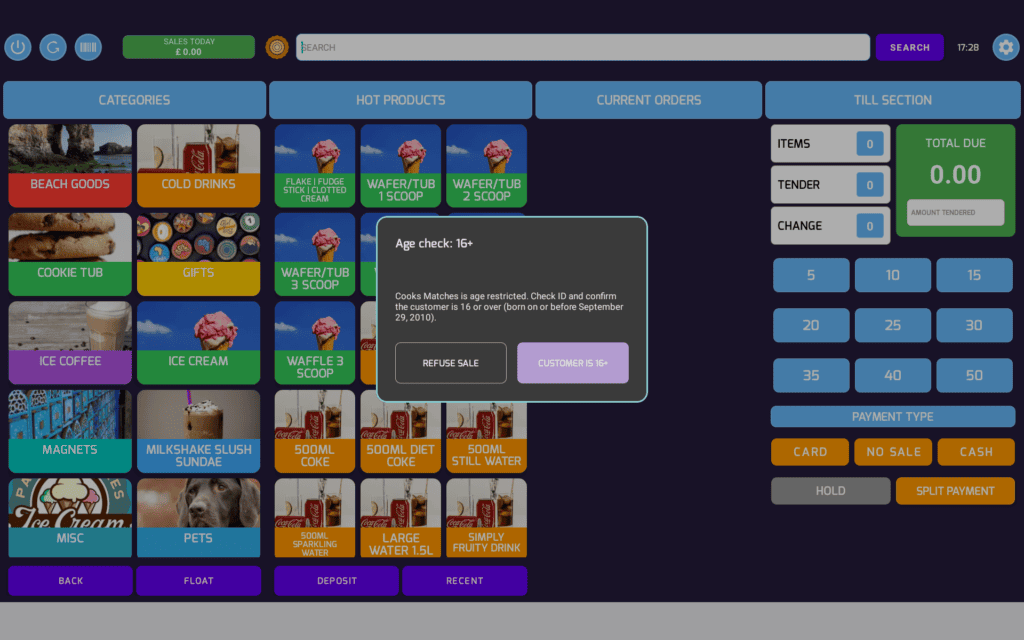 POSable POS app screen with colorful category tiles (Beach Goods, Cold Drinks, Ice Cream) and a centered age-check dialog reading'Age check: 16+' offering sale refusal or confirmation.