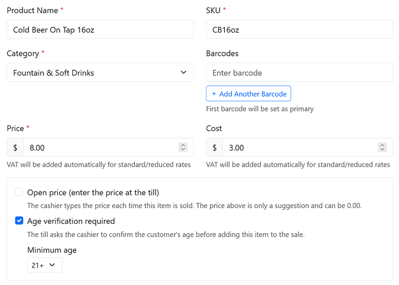 POSable POS Dashboard products showing how to set age verification requirements