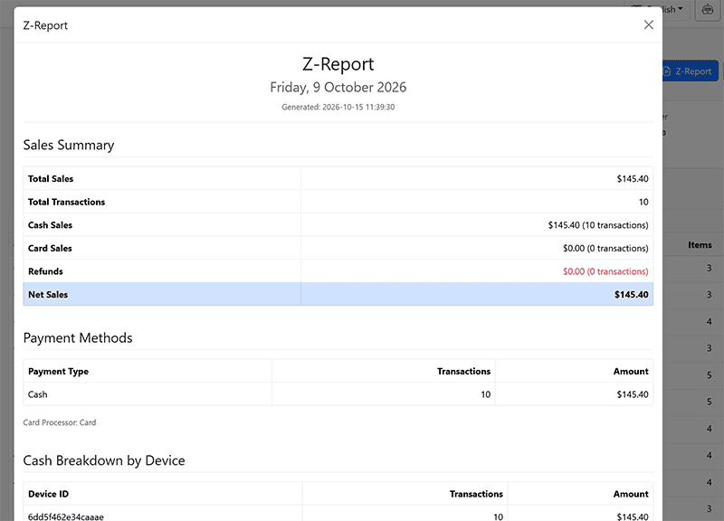 POSable Z Report day summary opened from Sales