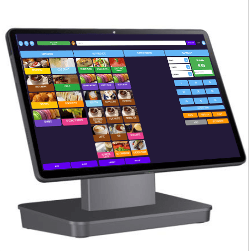 Touchscreen point-of-sale terminal showing a grid of colorful product tiles and a numeric keypad on a dark purple interface.
