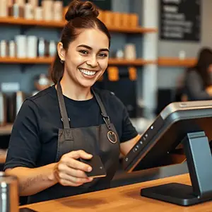 UK retail shop owner using POSable point of sale at the checkout counter