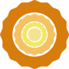 Decorative target-like mandala with concentric scalloped rings in orange, beige, and yellow.