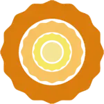 Stylized orange sunburst with a pale yellow center and scalloped outer ring, resembling a flower or sun icon.